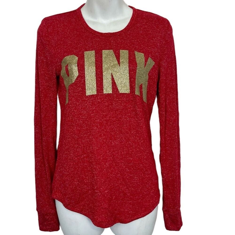 PINK Victorias Secret Red Gold Logo Long Sleeve Top Y2K Shirt Sleepwear sz S